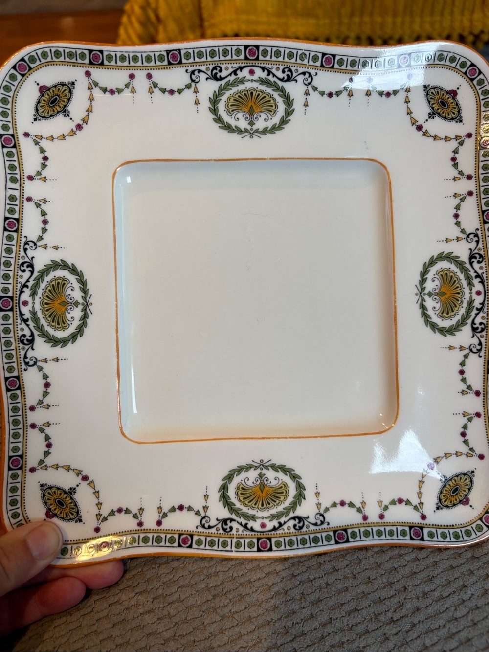 Royal Doulton White Square Plate with Green, Pink and Gold Trim